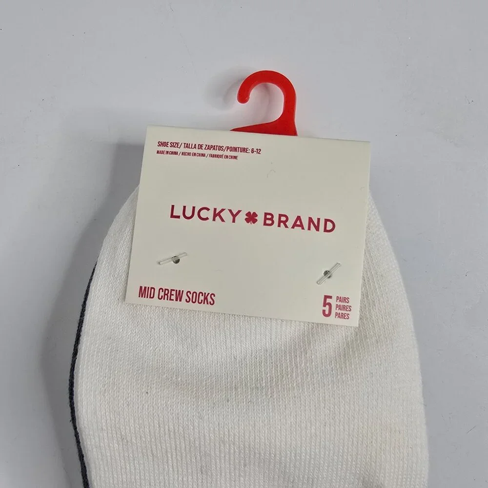 Lucky Brand 5 Pairs Pack Mens Mid Crew Socks NEW White Blue Shoe Size 6-12